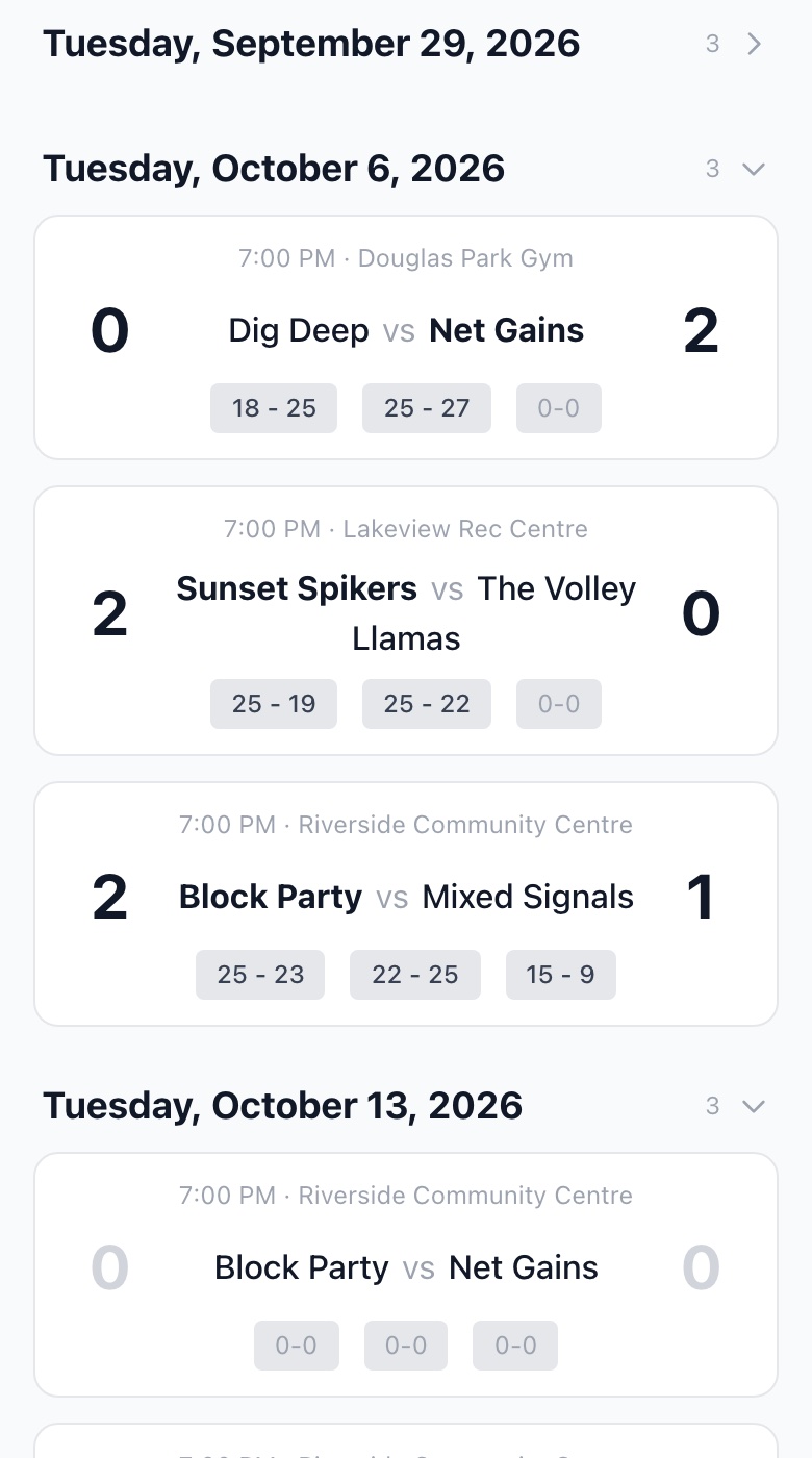 The public league page on a phone: tonight's matchup with its time and gym, and current standings.