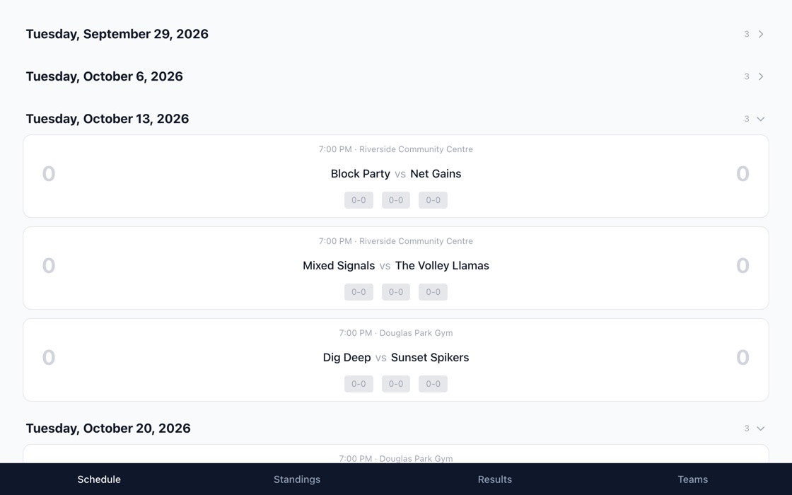 The league schedule grouped week by week, each match with its Tuesday date, time, gym and final score.