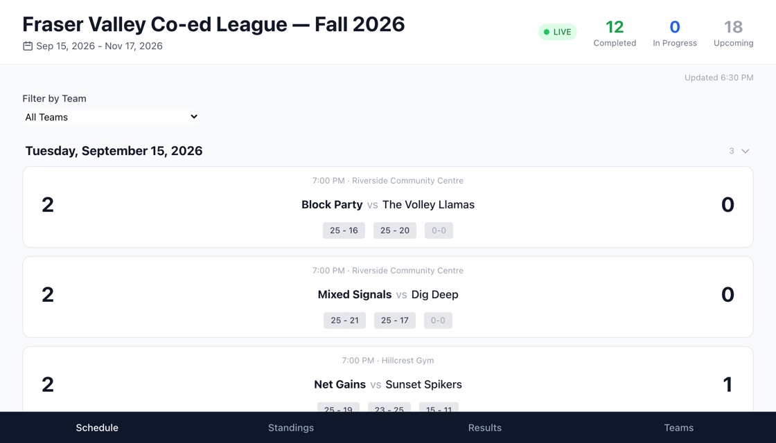 A league season schedule on the public VolleySheet page: matchups grouped by weekly game day, each with its time, gym and score.