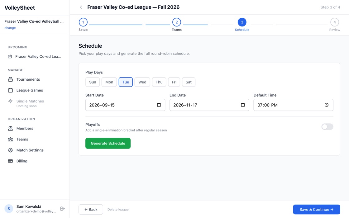 The league setup wizard generating a season: play day set to Tuesday, with the generated weekly schedule listed below.