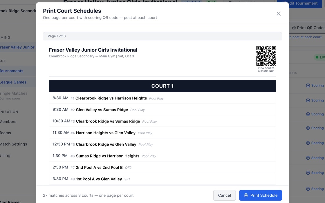 A printable per-court sheet with a QR code volunteers scan to open scoring for that court, next to the court's match list.