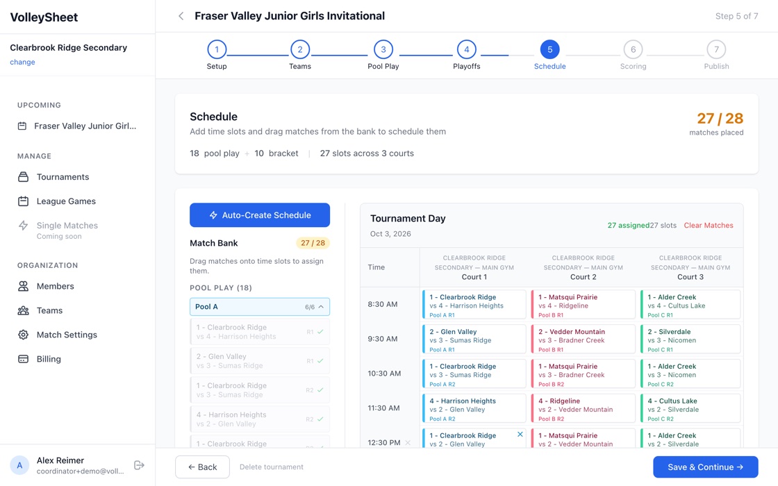 The schedule builder in the tournament wizard: a grid of time slots and courts with matches placed on it, and a bank of unscheduled matches to drag in.