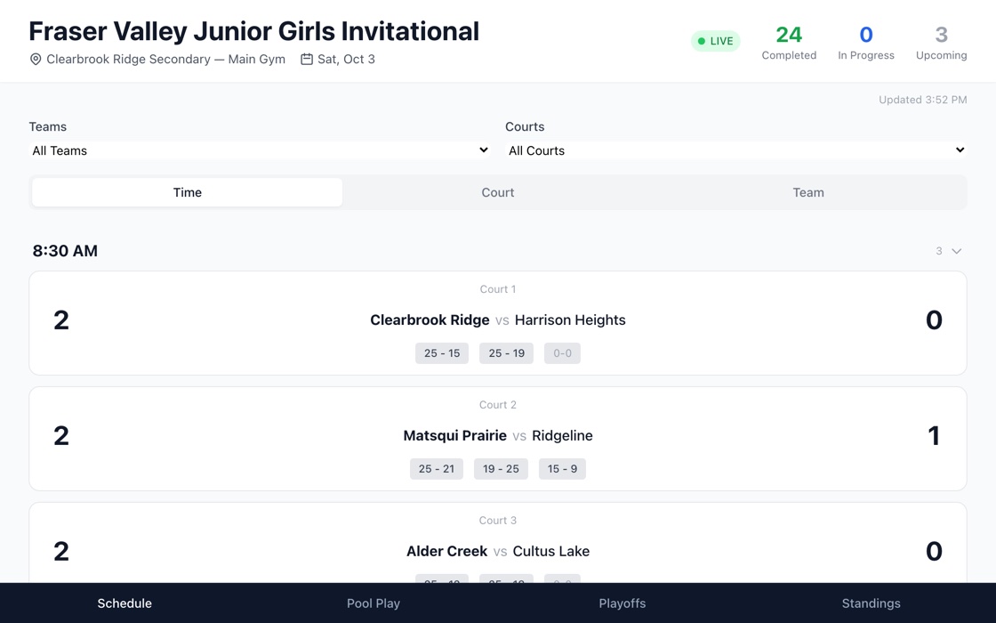 The public schedule of a tournament, listing each match with its time, court and score, filterable by team and court.